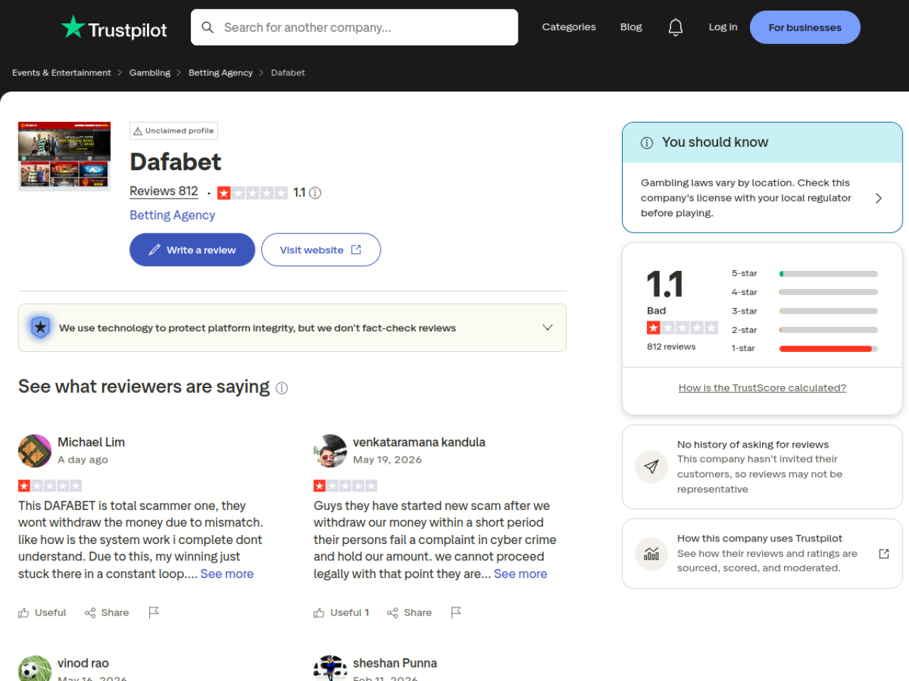 Dafabet 獨立評論頁的資料截圖